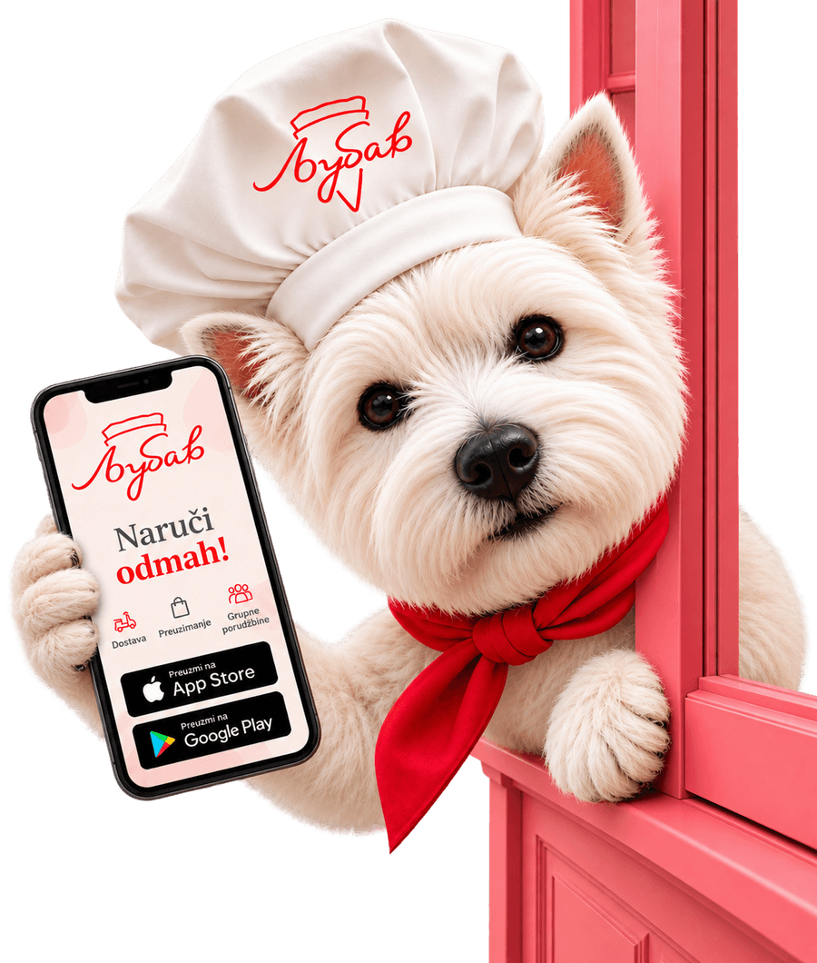 Božidar, the Palačinkarnica Ljubav mascot, peeking out of a pink shop window holding a phone with the Ljubav app